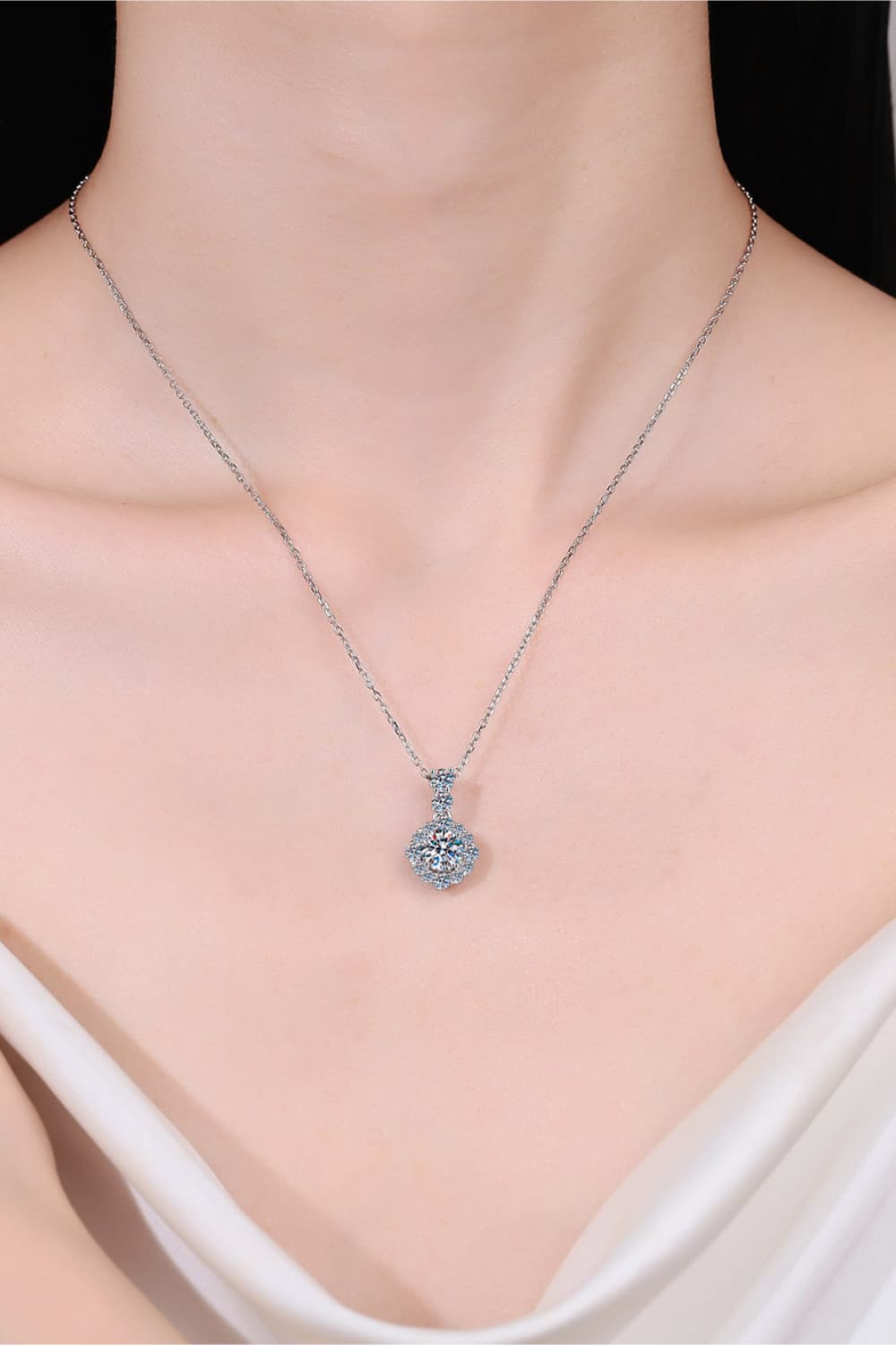 1 Carat Moissanite Shimmering Halo Drop Necklace - Rhodium Vermeil- Claude Jewelry Moissanite - Shop claudejewelry.com