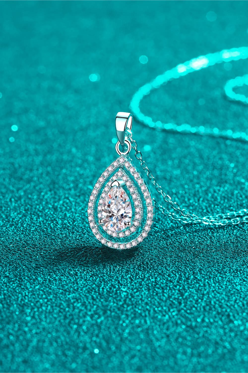 1 Carat Moissanite Teardrop Double Halo Pendant Necklace - Rhodium Vermeil- Claude Jewelry Moissanite - Shop claudejewelry.com