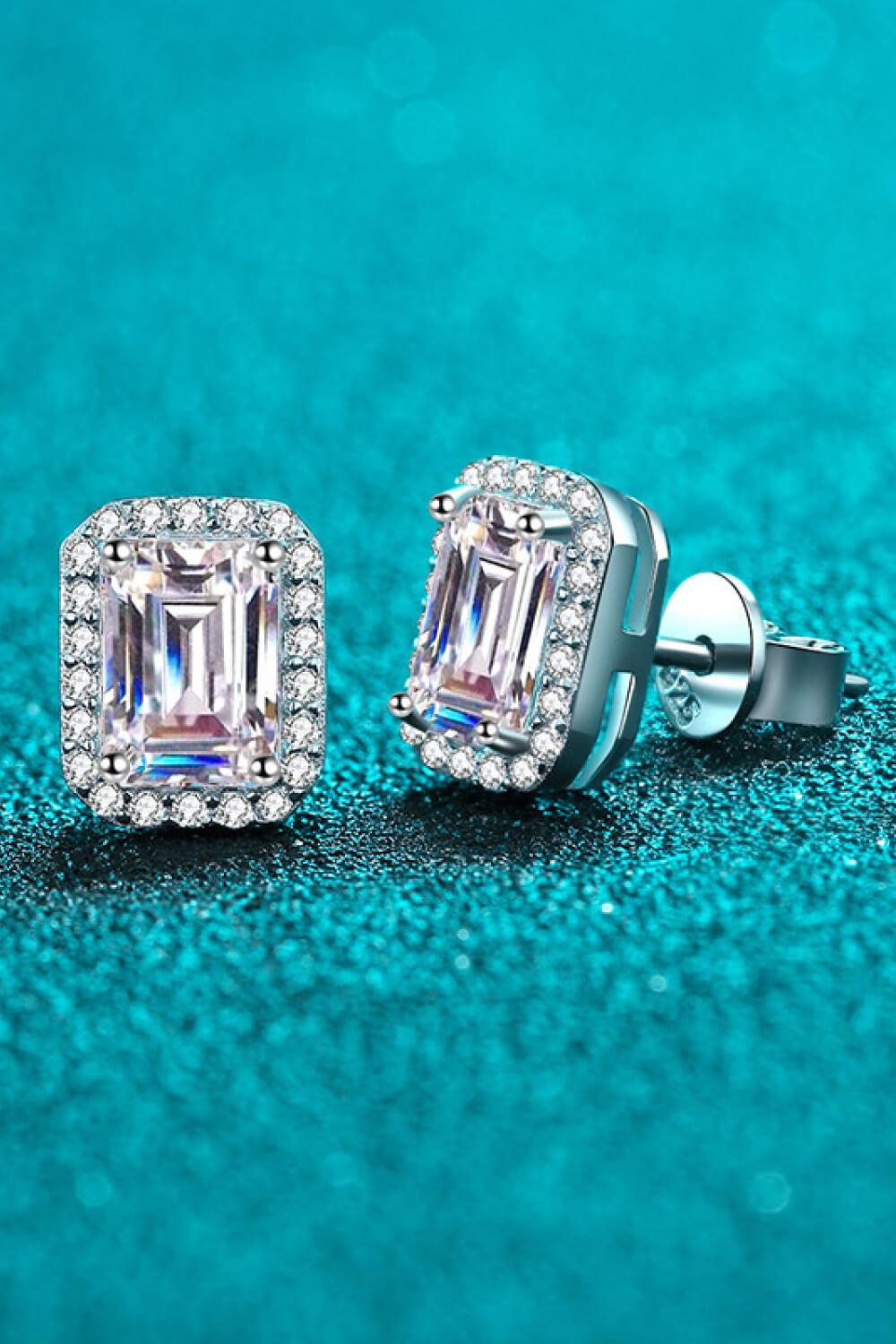 1 Ct Emerald Cut Moissanite Halo Stud Earrings - Rhodium Vermeil- Claude Jewelry Moissanite - Shop claudejewelry.com