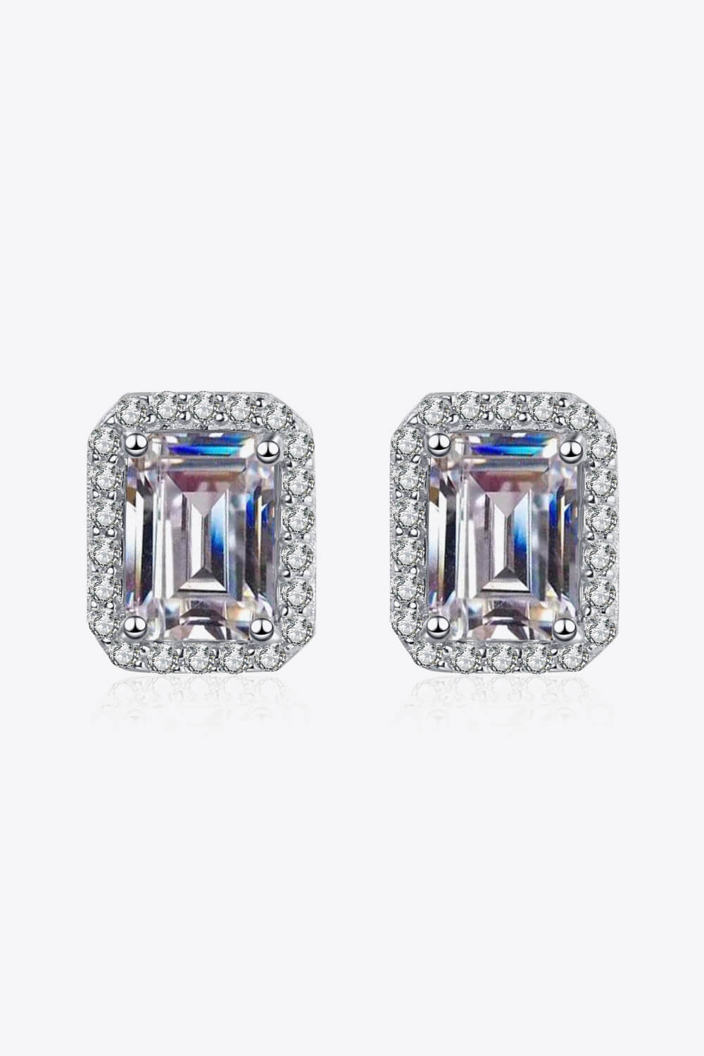 1 Ct Emerald Cut Moissanite Halo Stud Earrings - Rhodium Vermeil- Claude Jewelry Moissanite - Shop claudejewelry.com