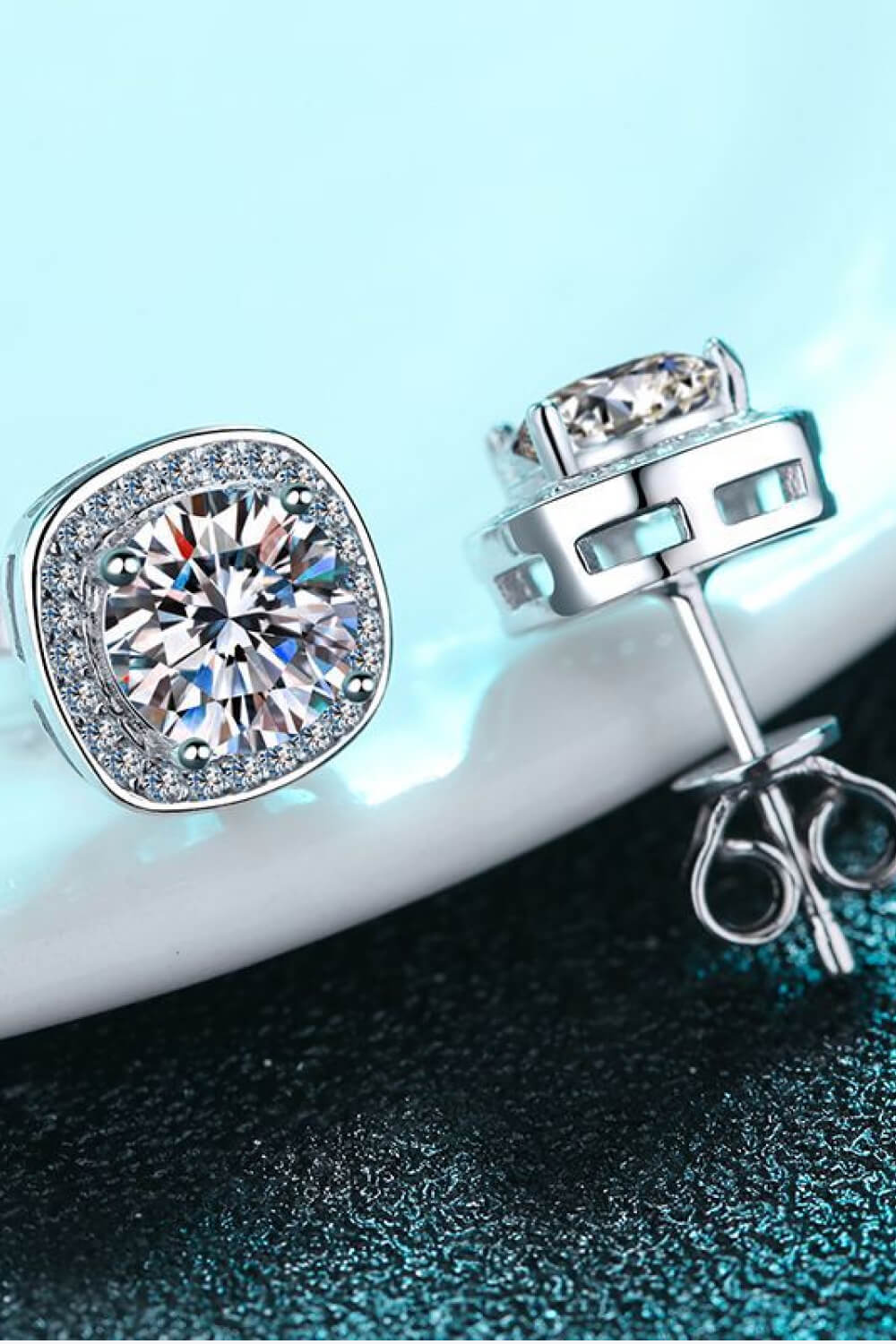 1 Ct Moissanite Cushion Halo Stud Earrings - Rhodium Vermeil- Claude Jewelry Moissanite - Shop claudejewelry.com