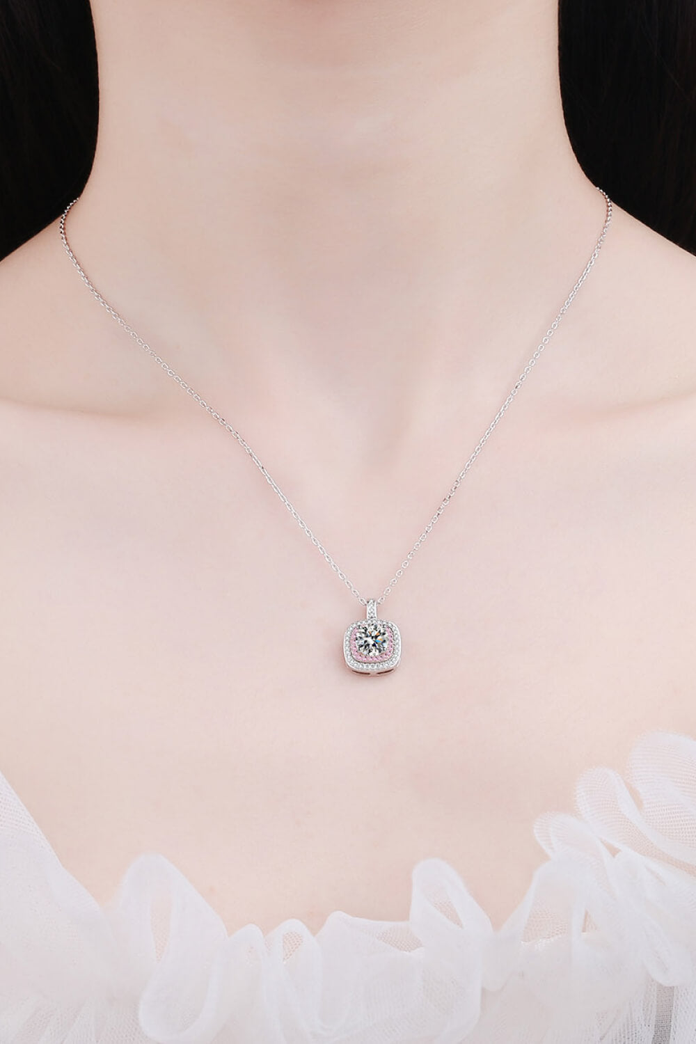 1 Ct Moissanite Geometric Pink Halo Pendant Necklace - Rhodium Vermeil/Pink- Claude Jewelry Moissanite - Shop claudejewelry.com