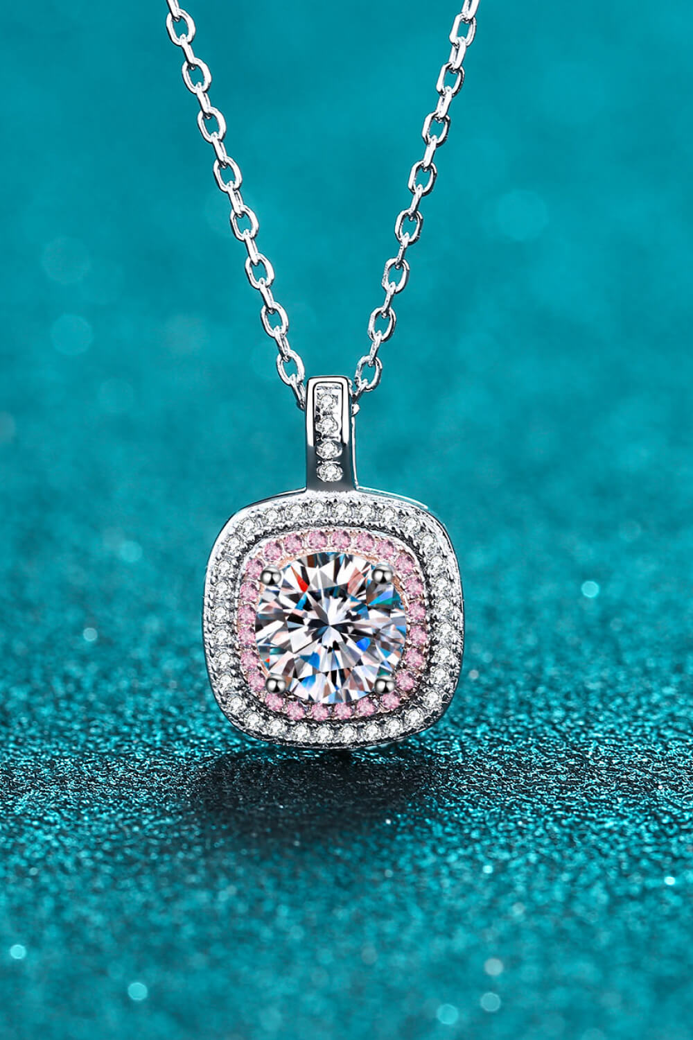 1 Ct Moissanite Geometric Pink Halo Pendant Necklace - Rhodium Vermeil/Pink- Claude Jewelry Moissanite - Shop claudejewelry.com