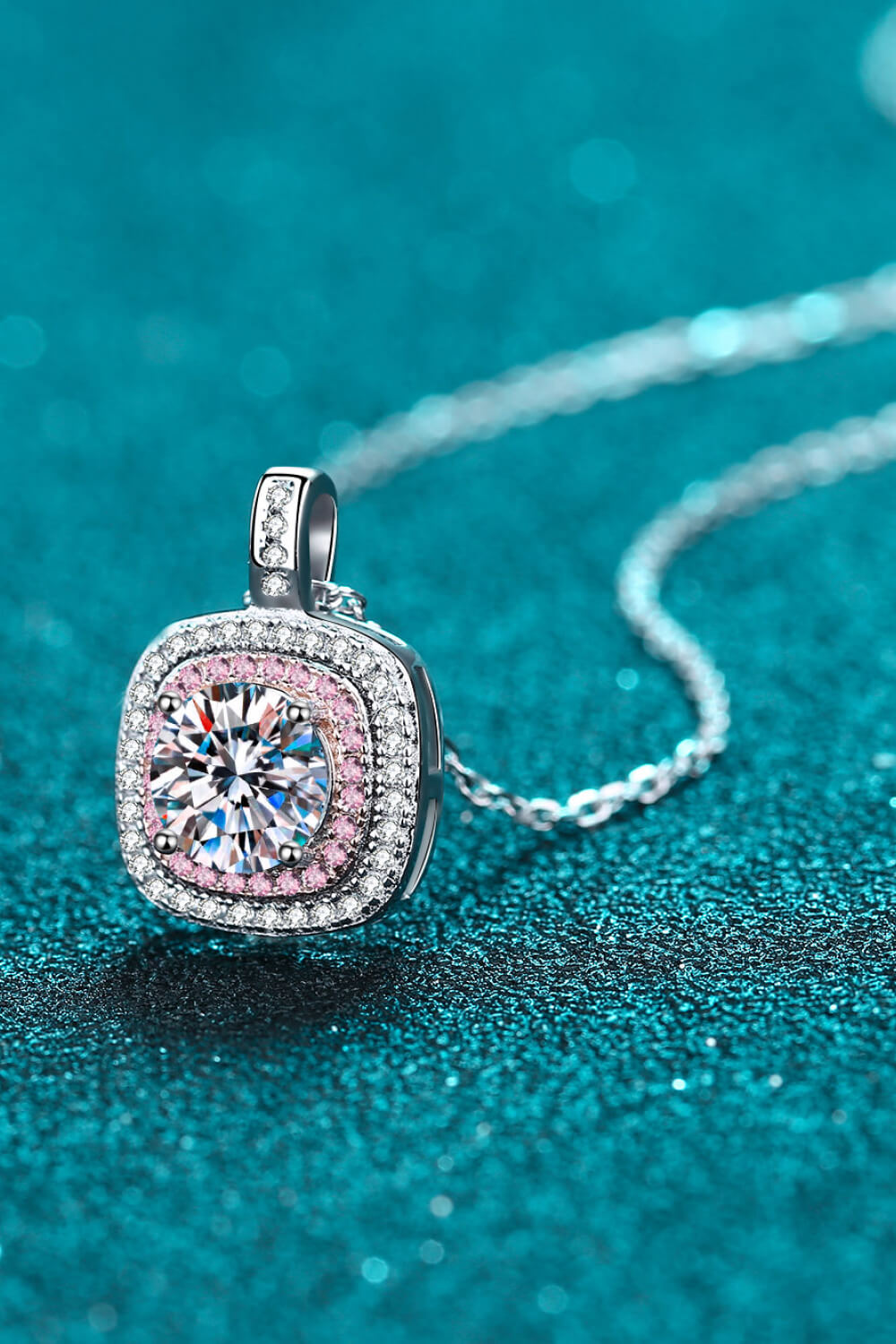 1 Ct Moissanite Geometric Pink Halo Pendant Necklace - Rhodium Vermeil/Pink- Claude Jewelry Moissanite - Shop claudejewelry.com