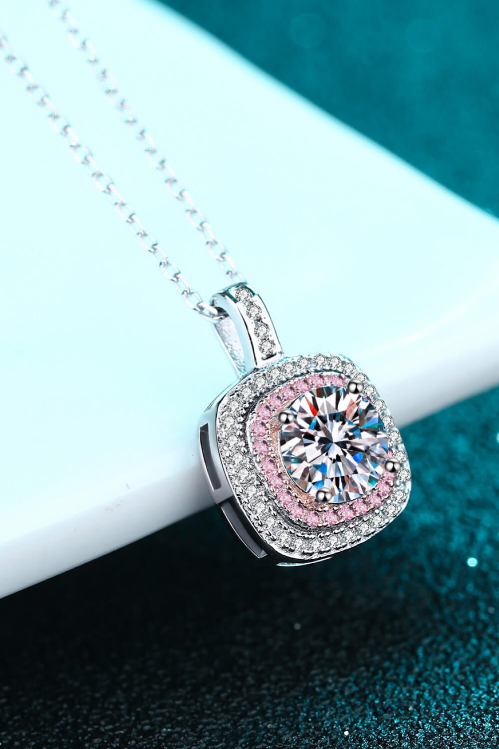 1 Ct Moissanite Geometric Pink Halo Pendant Necklace - Rhodium Vermeil/Pink- Claude Jewelry Moissanite - Shop claudejewelry.com