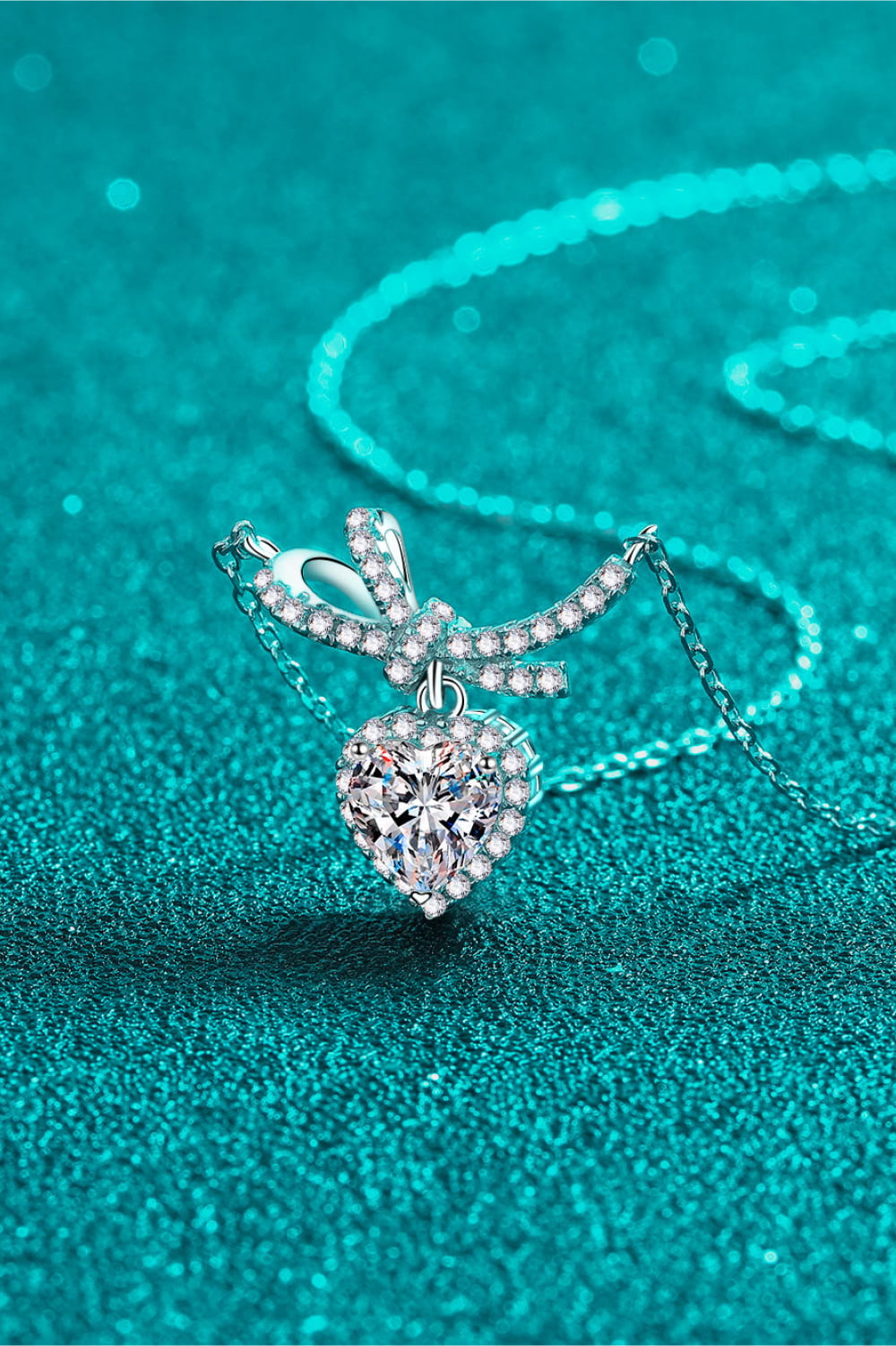 1 Ct Moissanite Heart & Bow Pendant Necklace - Rhodium Vermeil- Claude Jewelry Moissanite - Shop claudejewelry.com