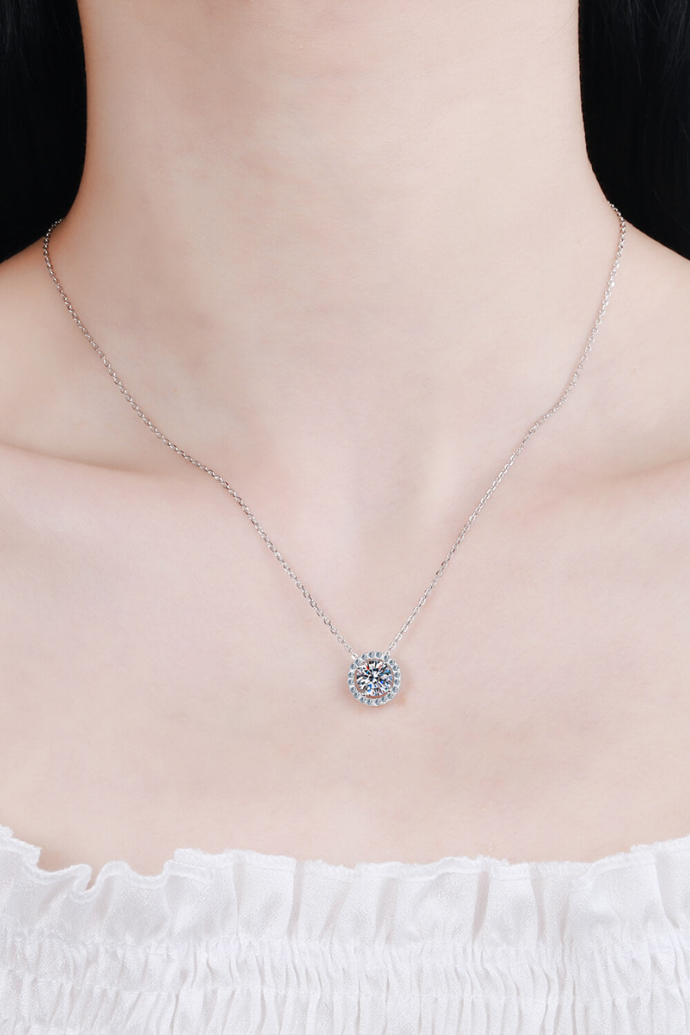 1 Ct Moissanite Round Halo Pendant Chain Necklace - Rhodium Vermeil- Claude Jewelry Moissanite - Shop claudejewelry.com