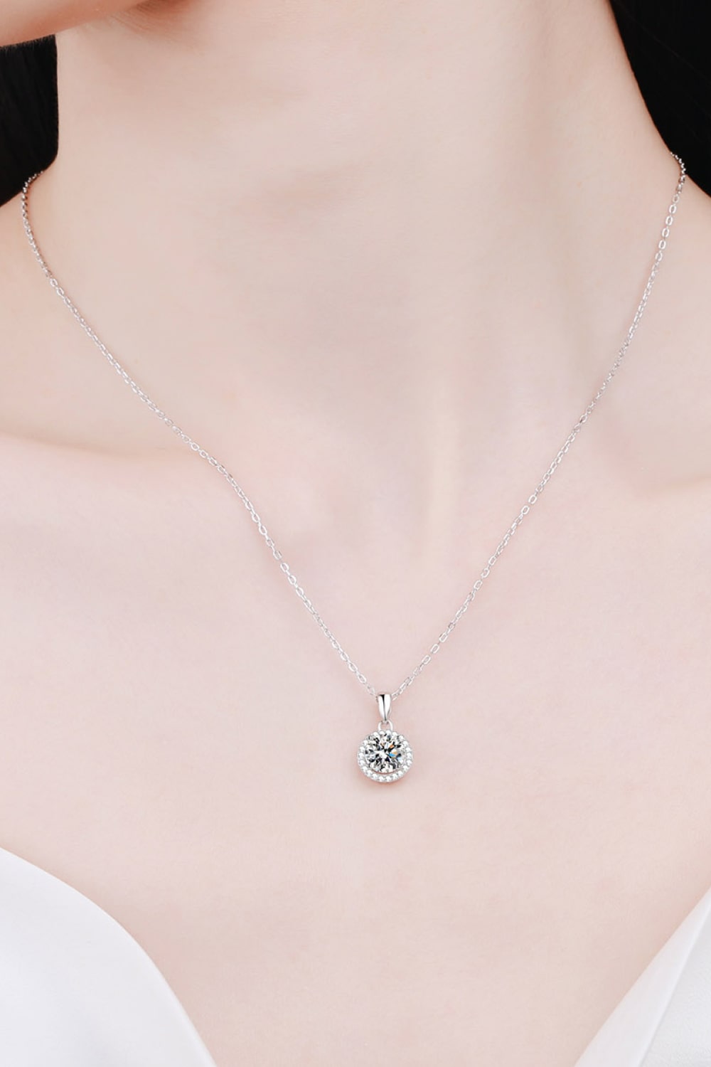 1 Ct Moissanite Round Pendant Chain Necklace - Rhodium Vermeil- Claude Jewelry Moissanite - Shop claudejewelry.com