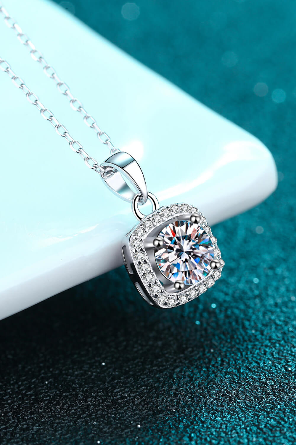 1 Ct Moissanite Square Halo Pendant Chain Necklace - Rhodium Vermeil- Claude Jewelry Moissanite - Shop claudejewelry.com