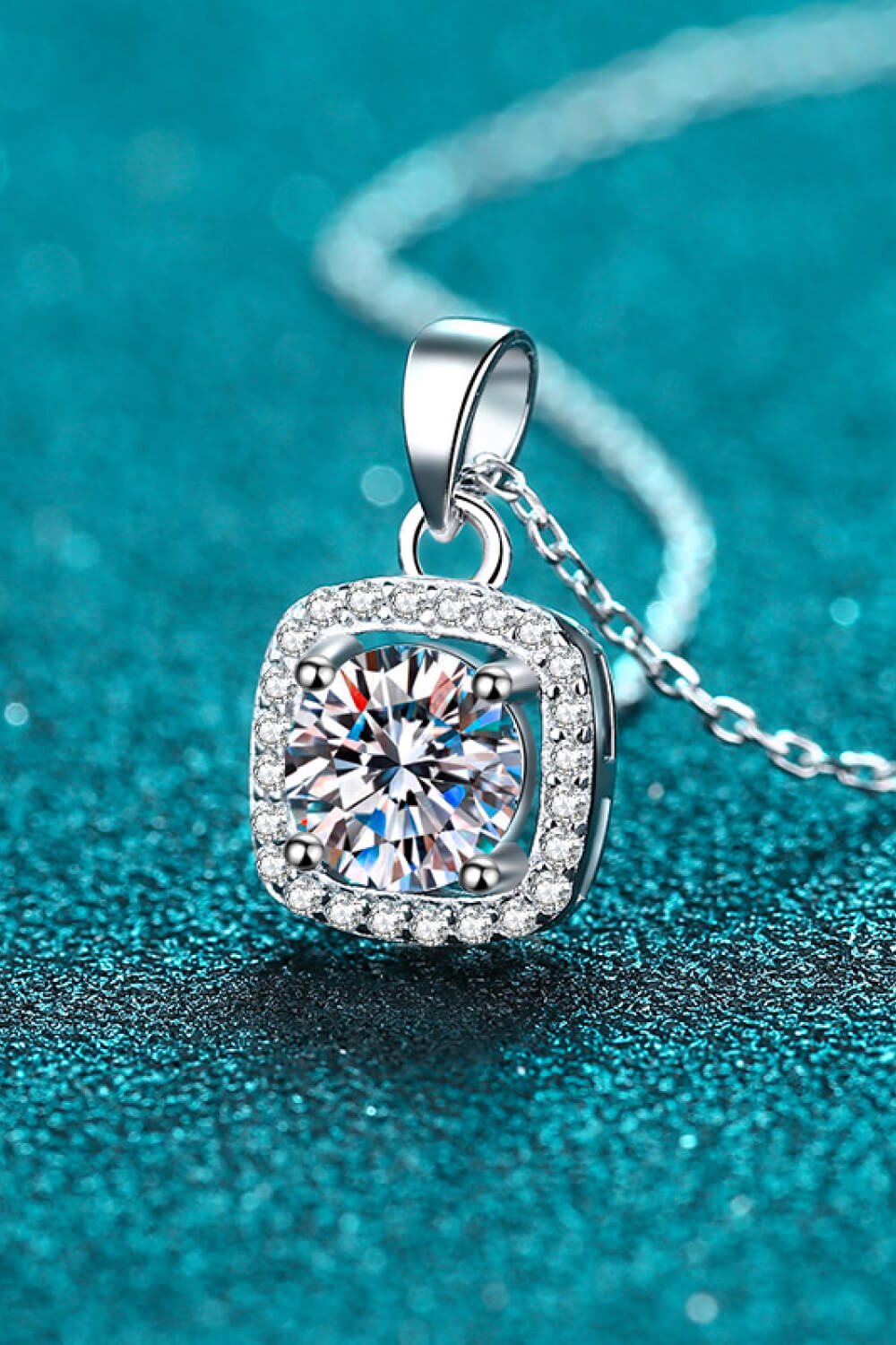 1 Ct Moissanite Square Halo Pendant Chain Necklace - Rhodium Vermeil- Claude Jewelry Moissanite - Shop claudejewelry.com