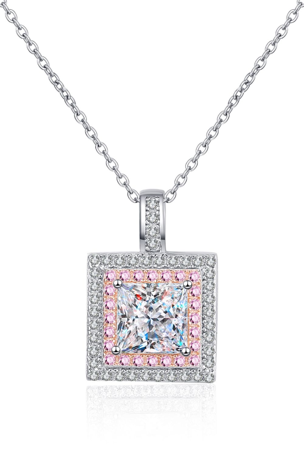 1 Ct Moissanite Square Pink Pendant Chain Necklace - Platinum Vermeil- Claude Jewelry Moissanite - Shop claudejewelry.com