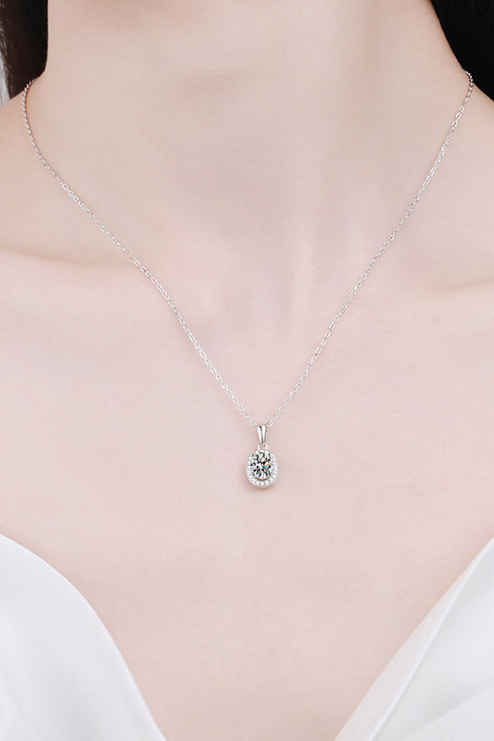 1 Ct Oval Moissanite Halo Pendant Necklace - Rhodium Vermeil- Claude Jewelry Moissanite - Shop claudejewelry.com