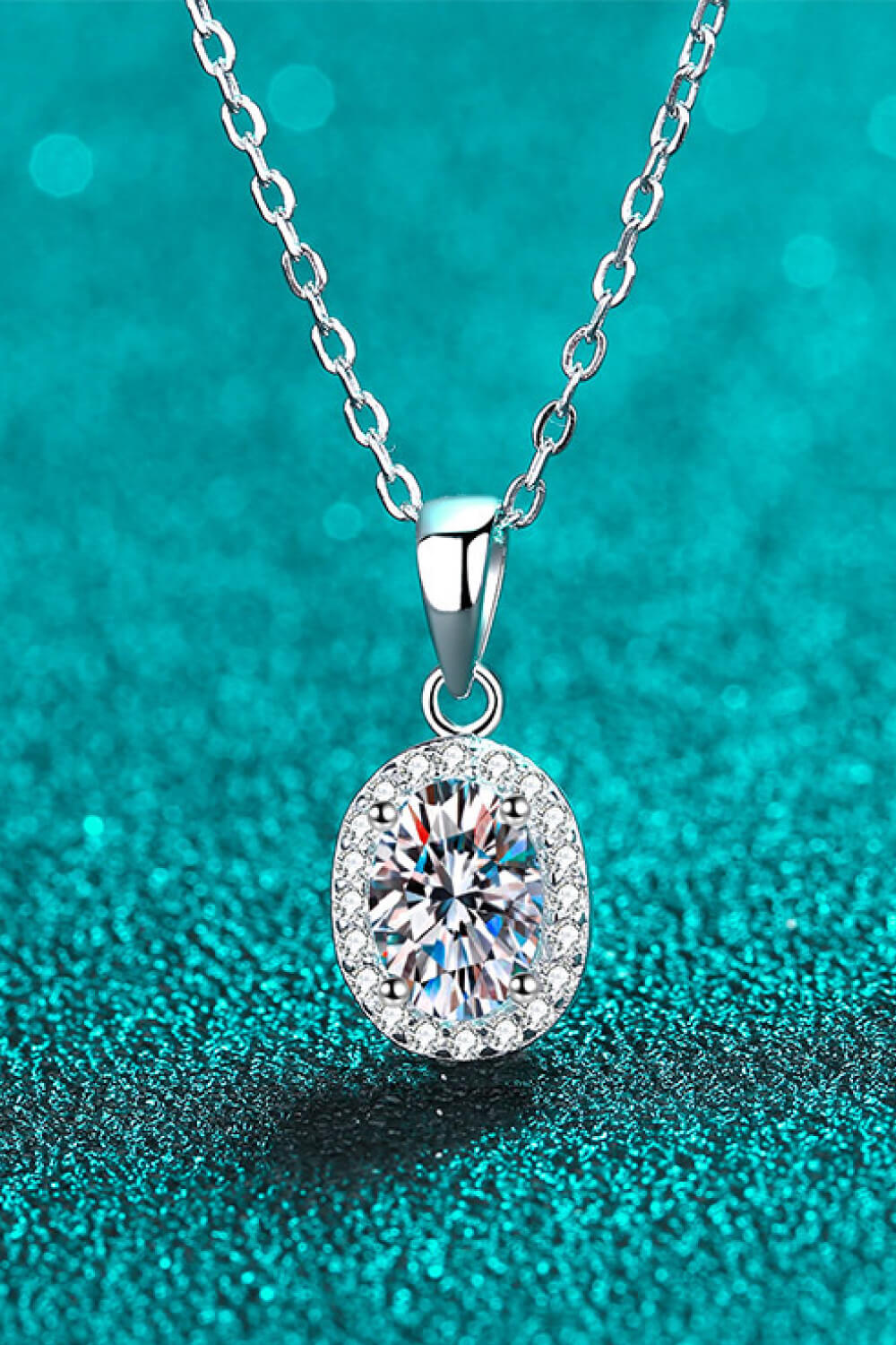 1 Ct Oval Moissanite Halo Pendant Necklace - Rhodium Vermeil- Claude Jewelry Moissanite - Shop claudejewelry.com