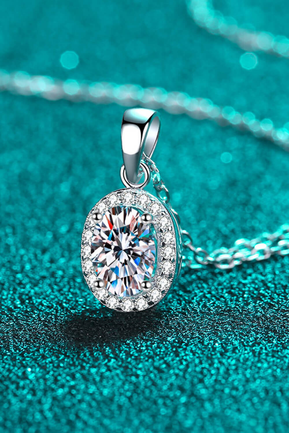 1 Ct Oval Moissanite Halo Pendant Necklace - Rhodium Vermeil- Claude Jewelry Moissanite - Shop claudejewelry.com