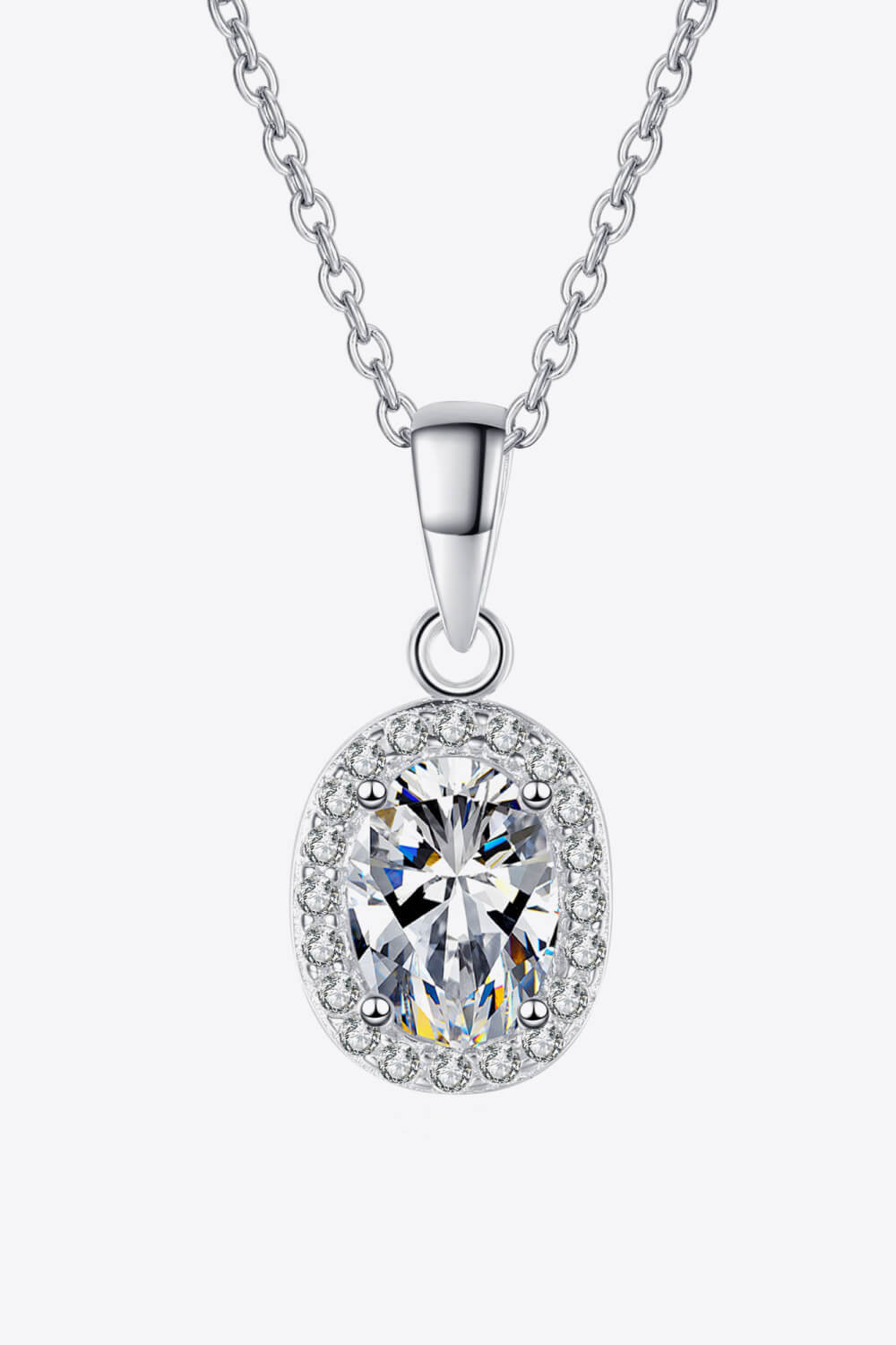 1 Ct Oval Moissanite Halo Pendant Necklace - Rhodium Vermeil- Claude Jewelry Moissanite - Shop claudejewelry.com