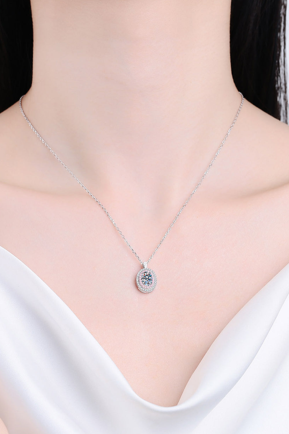 1 Ct Oval Moissanite Pink Halo Pendant Necklace - Rhodium Vermeil- Claude Jewelry Moissanite - Shop claudejewelry.com