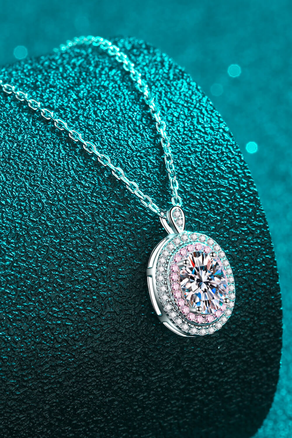 1 Ct Oval Moissanite Pink Halo Pendant Necklace - Rhodium Vermeil- Claude Jewelry Moissanite - Shop claudejewelry.com