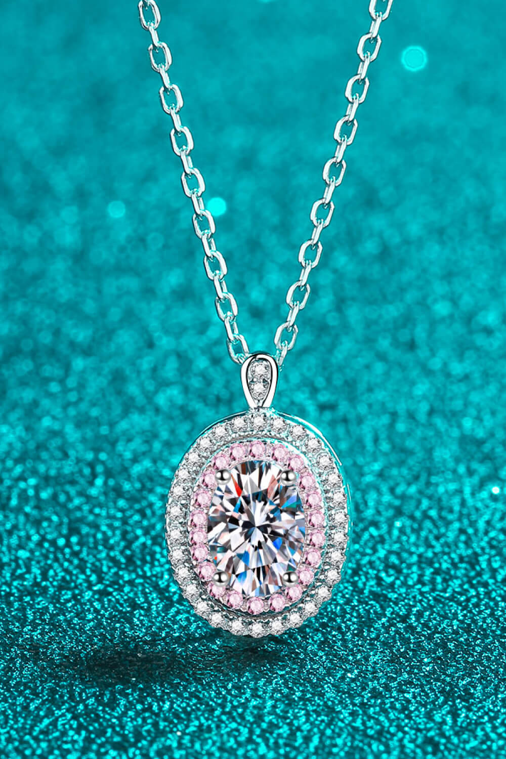 1 Ct Oval Moissanite Pink Halo Pendant Necklace - Rhodium Vermeil- Claude Jewelry Moissanite - Shop claudejewelry.com