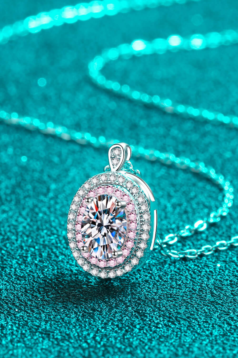 1 Ct Oval Moissanite Pink Halo Pendant Necklace - Rhodium Vermeil- Claude Jewelry Moissanite - Shop claudejewelry.com