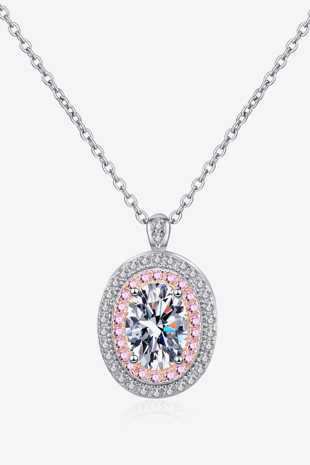 1 Ct Oval Moissanite Pink Halo Pendant Necklace - Rhodium Vermeil- Claude Jewelry Moissanite - Shop claudejewelry.com