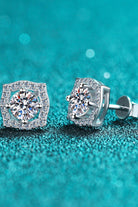 1 Ct Round Moissanite Geometric Halo Stud Earrings - Rhodium Vermeil- Claude Jewelry Moissanite - Shop claudejewelry.com