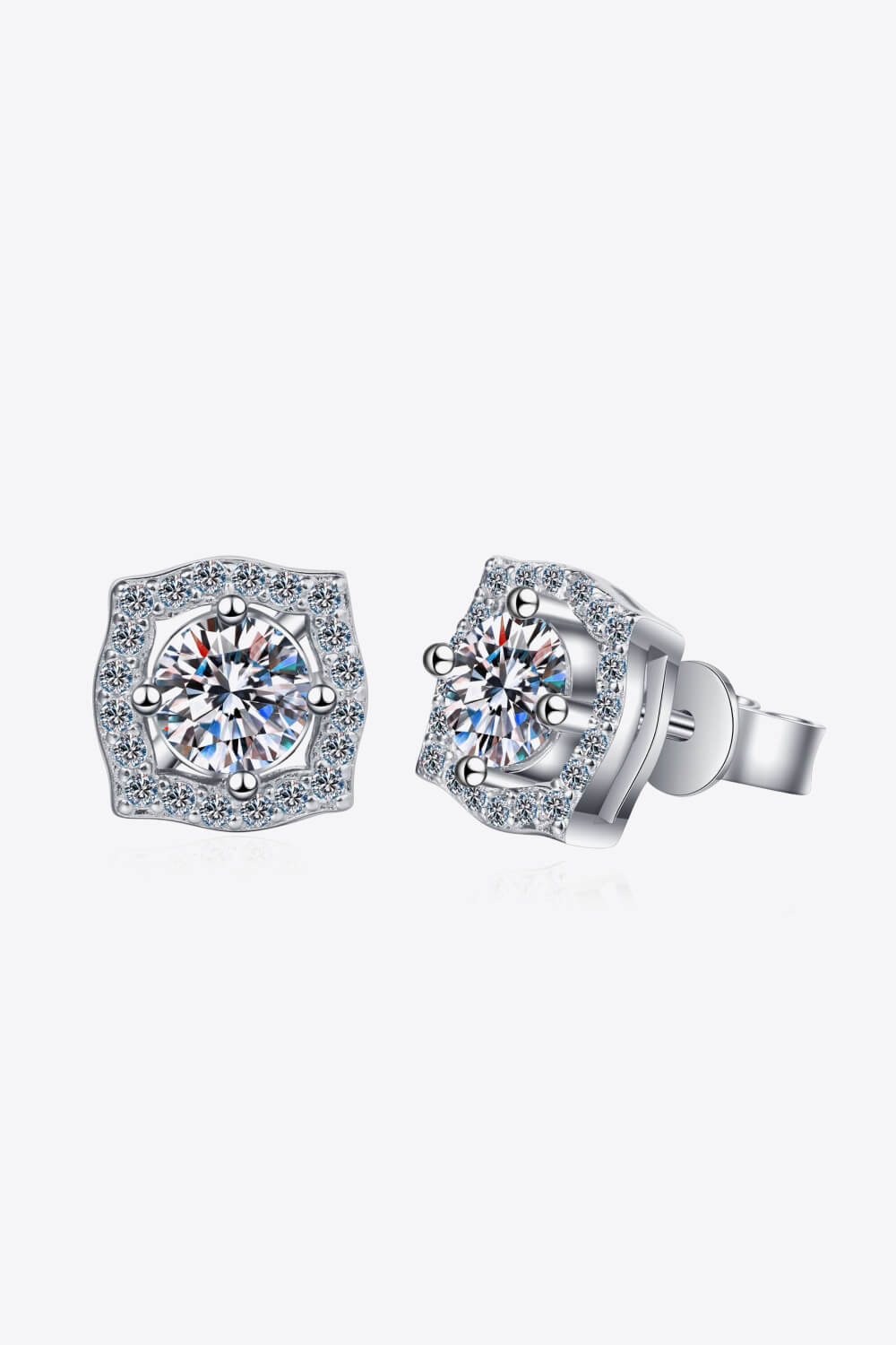 1 Ct Round Moissanite Geometric Halo Stud Earrings - Rhodium Vermeil- Claude Jewelry Moissanite - Shop claudejewelry.com