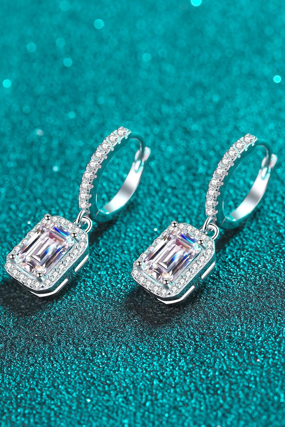 2 Ct Moissanite Emerald Cut Halo Drop Earrings - Rhodium Vermeil- Claude Jewelry Moissanite - Shop claudejewelry.com