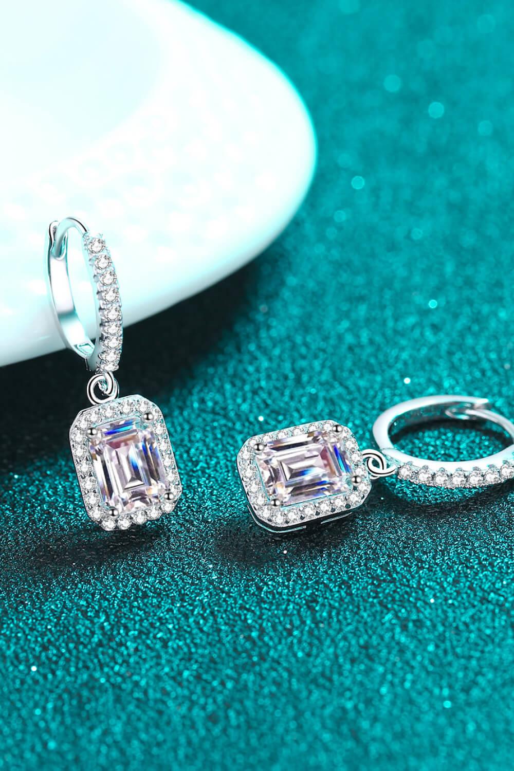 2 Ct Moissanite Emerald Cut Halo Drop Earrings - Rhodium Vermeil- Claude Jewelry Moissanite - Shop claudejewelry.com