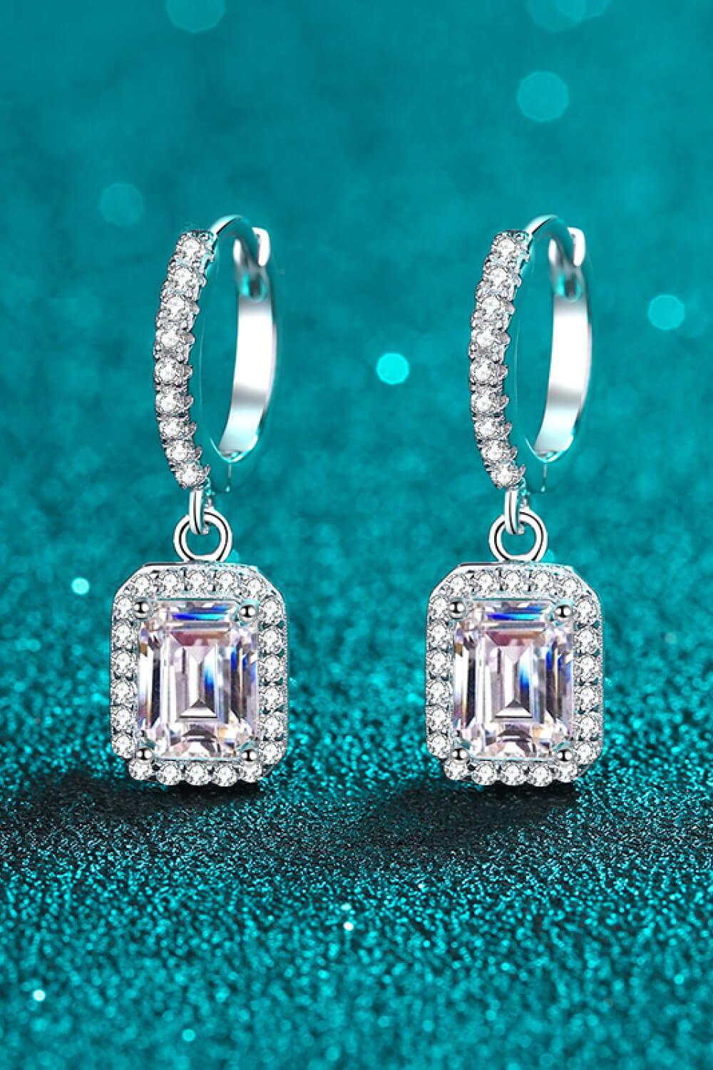 2 Ct Moissanite Emerald Cut Halo Drop Earrings - Rhodium Vermeil- Claude Jewelry Moissanite - Shop claudejewelry.com