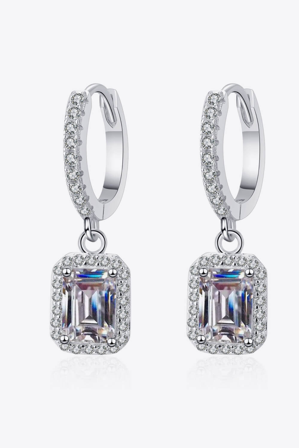 2 Ct Moissanite Emerald Cut Halo Drop Earrings - Rhodium Vermeil- Claude Jewelry Moissanite - Shop claudejewelry.com