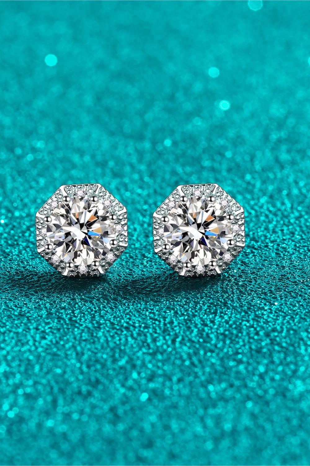 2 Ct Moissanite Geo Halo Stud Earrings - Rhodium Vermeil- Claude Jewelry Moissanite - Shop claudejewelry.com