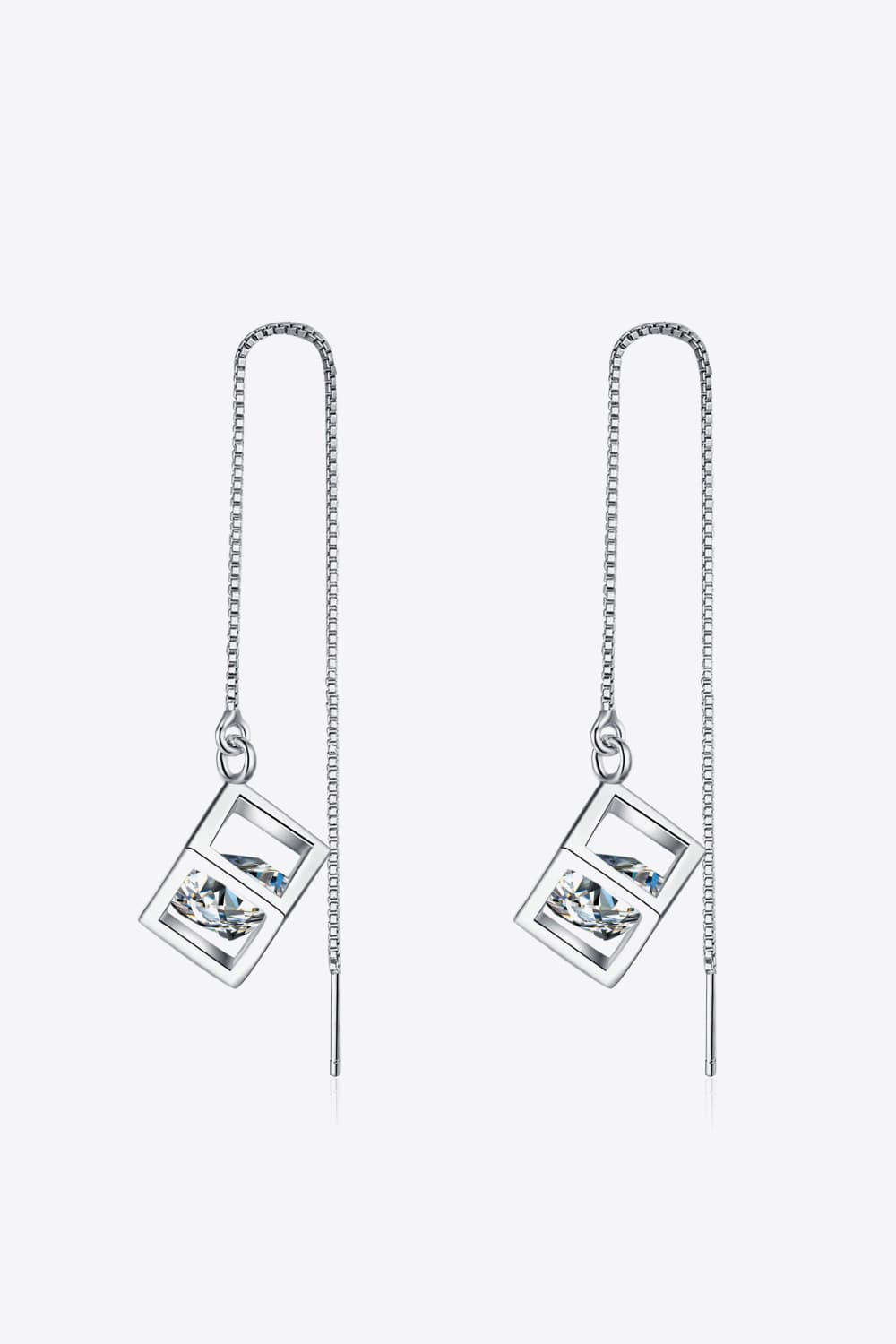 2 Ct Moissanite Stone in Box Threader Earrings - Rhodium Vermeil- Claude Jewelry Moissanite - Shop claudejewelry.com