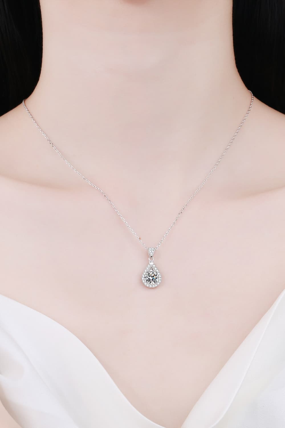 2 Ct Moissanite Teardrop Halo Pendant Necklace - Rhodium Vermeil- Claude Jewelry Moissanite - Shop claudejewelry.com