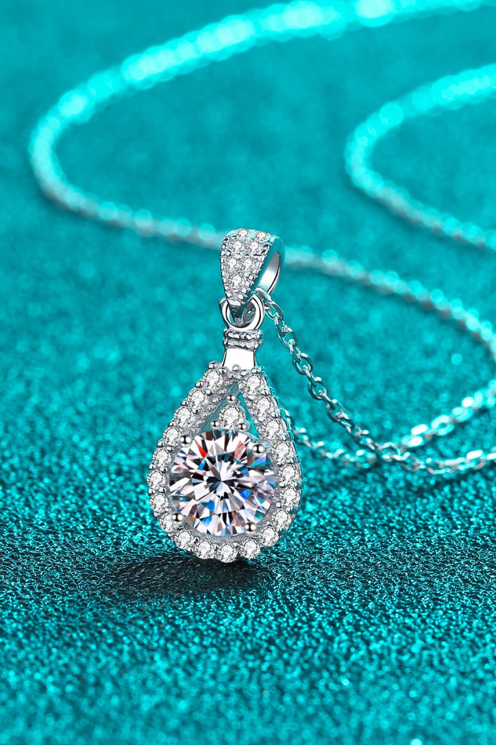 2 Ct Moissanite Teardrop Halo Pendant Necklace - Rhodium Vermeil- Claude Jewelry Moissanite - Shop claudejewelry.com