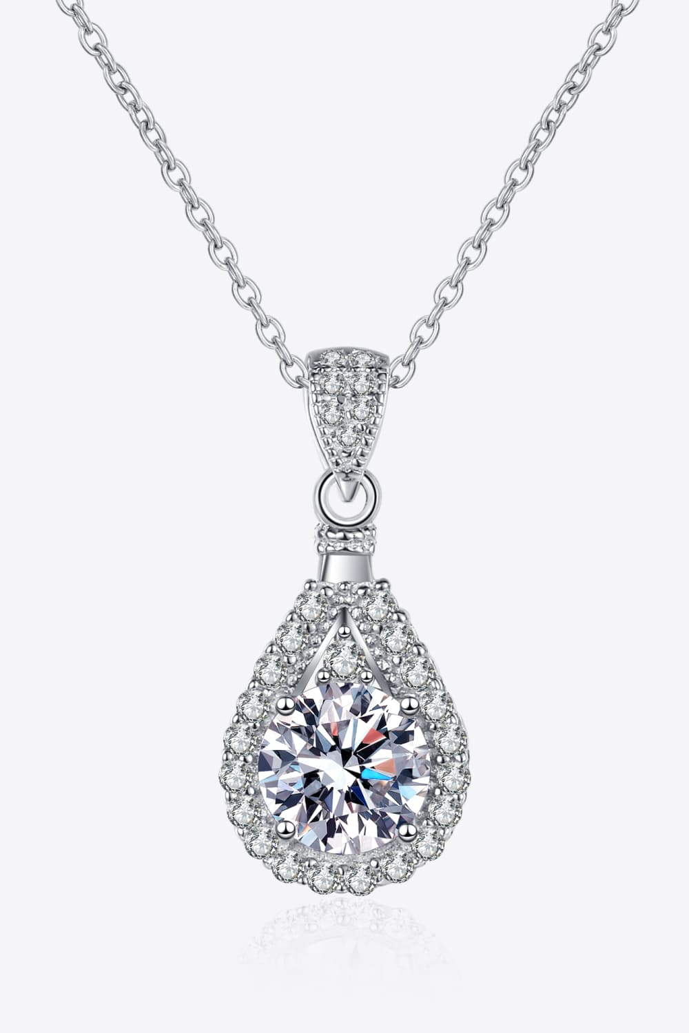 2 Ct Moissanite Teardrop Halo Pendant Necklace - Rhodium Vermeil- Claude Jewelry Moissanite - Shop claudejewelry.com