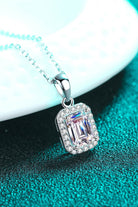 Emerald Cut Moissanite Halo Pendant Necklace - Rhodium Vermeil- Claude Jewelry Moissanite - Shop claudejewelry.com