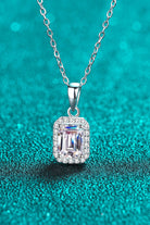 Emerald Cut Moissanite Halo Pendant Necklace - Rhodium Vermeil- Claude Jewelry Moissanite - Shop claudejewelry.com