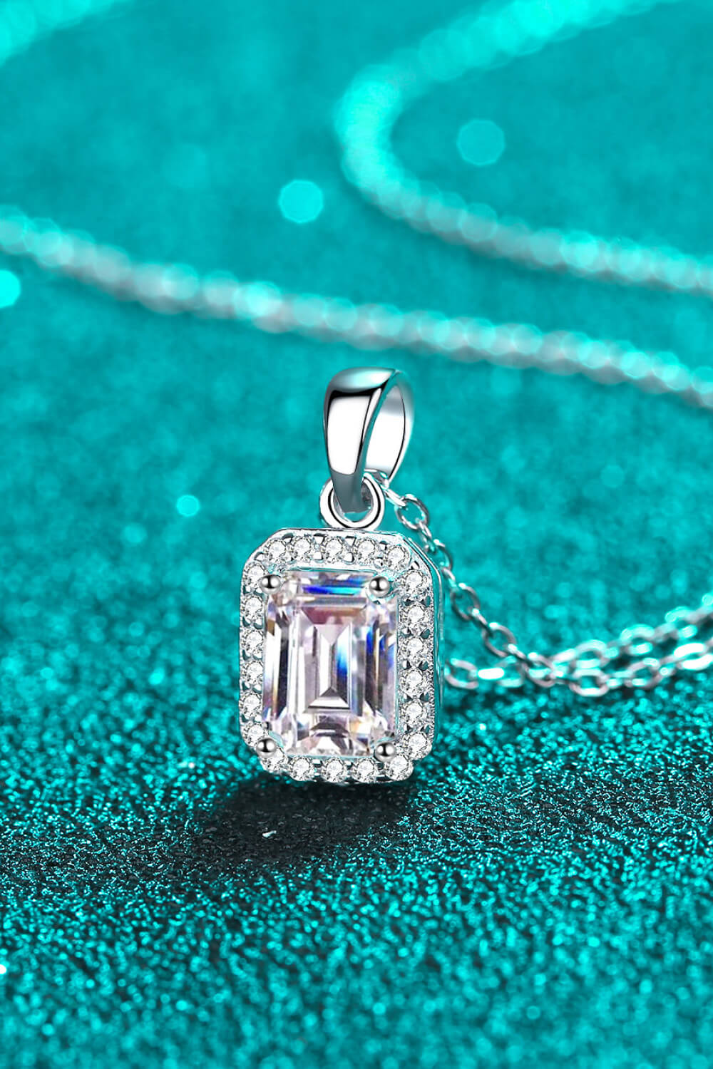 Emerald Cut Moissanite Halo Pendant Necklace - Rhodium Vermeil- Claude Jewelry Moissanite - Shop claudejewelry.com