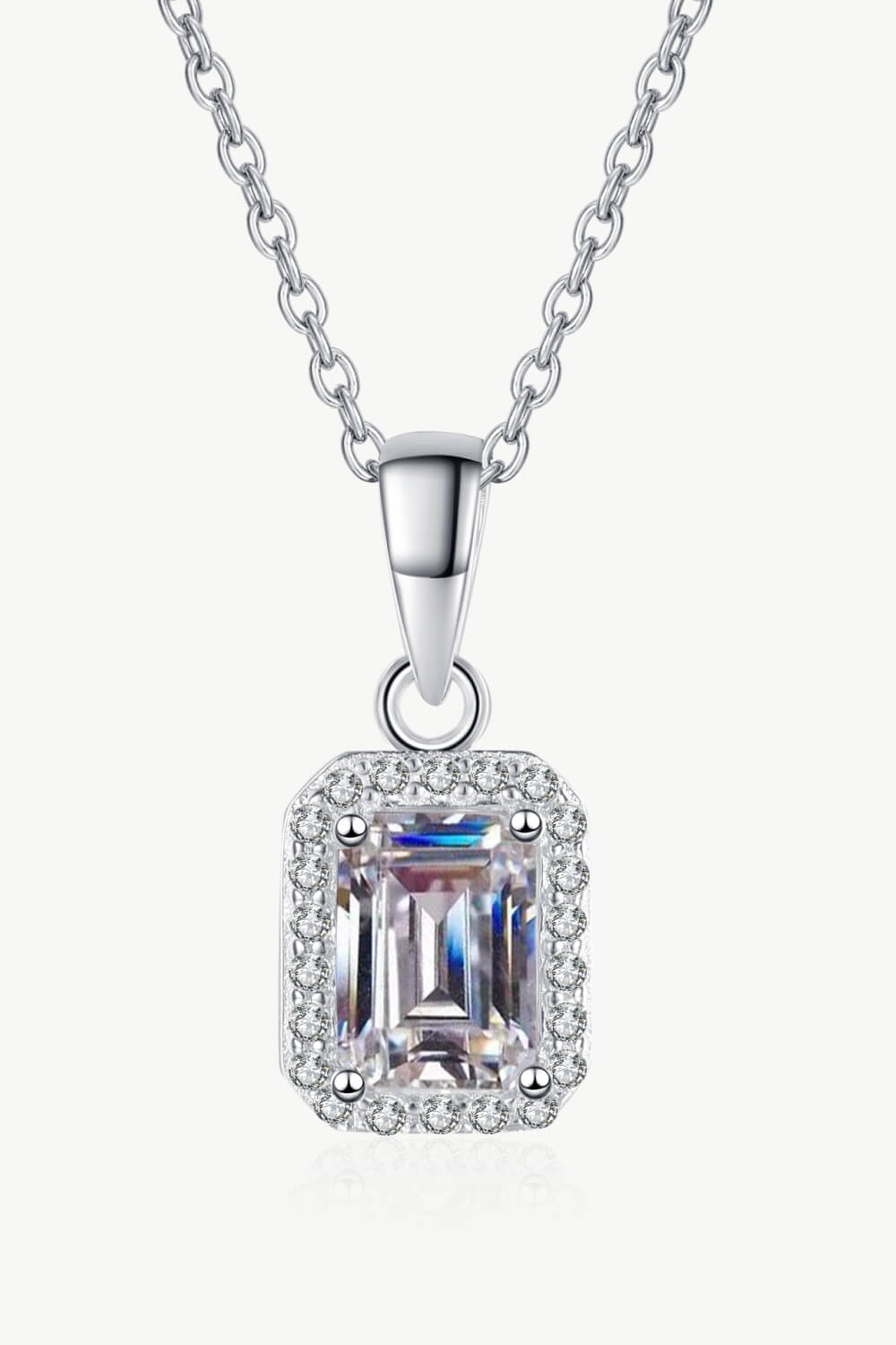 Emerald Cut Moissanite Halo Pendant Necklace - Rhodium Vermeil- Claude Jewelry Moissanite - Shop claudejewelry.com