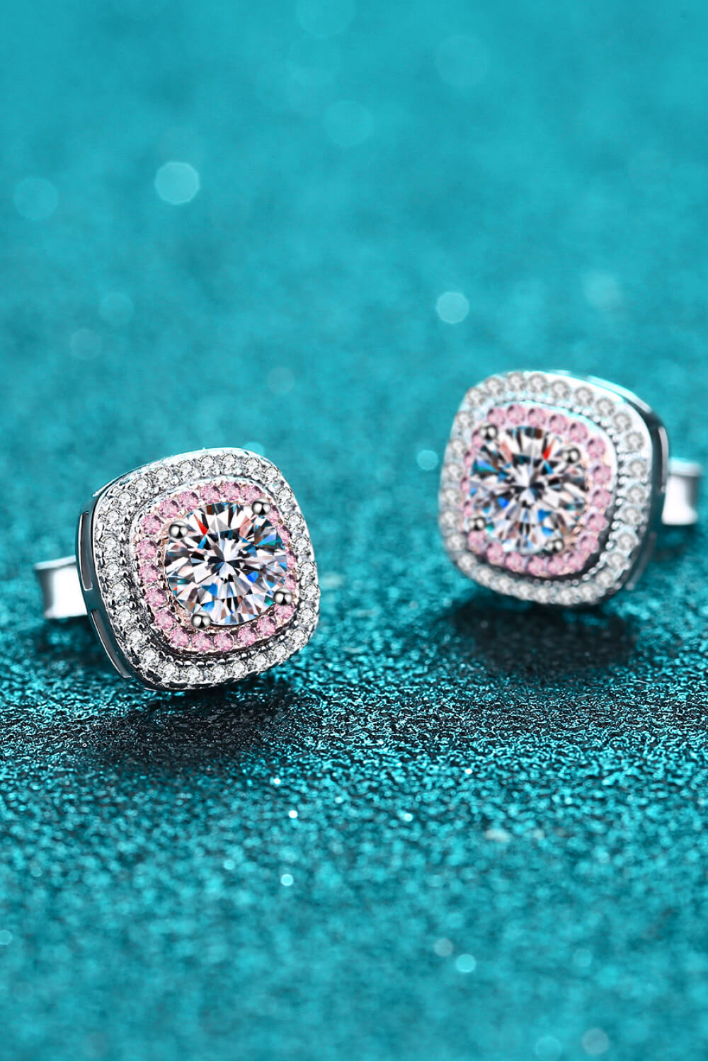 Geometric Moissanite Pink Halo Stud Earrings - Rhodium Vermeil/Pink- Claude Jewelry Moissanite - Shop claudejewelry.com