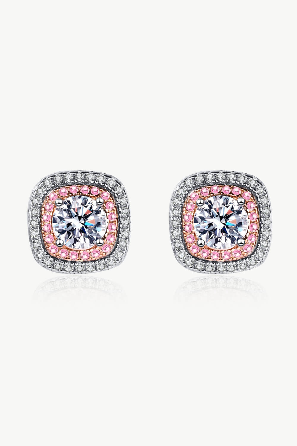 Geometric Moissanite Pink Halo Stud Earrings - Rhodium Vermeil/Pink- Claude Jewelry Moissanite - Shop claudejewelry.com