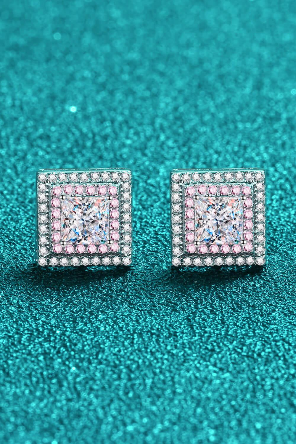 Geometric Pink Moissanite Square Stud Earrings - Pink/White- Claude Jewelry Moissanite - Shop claudejewelry.com