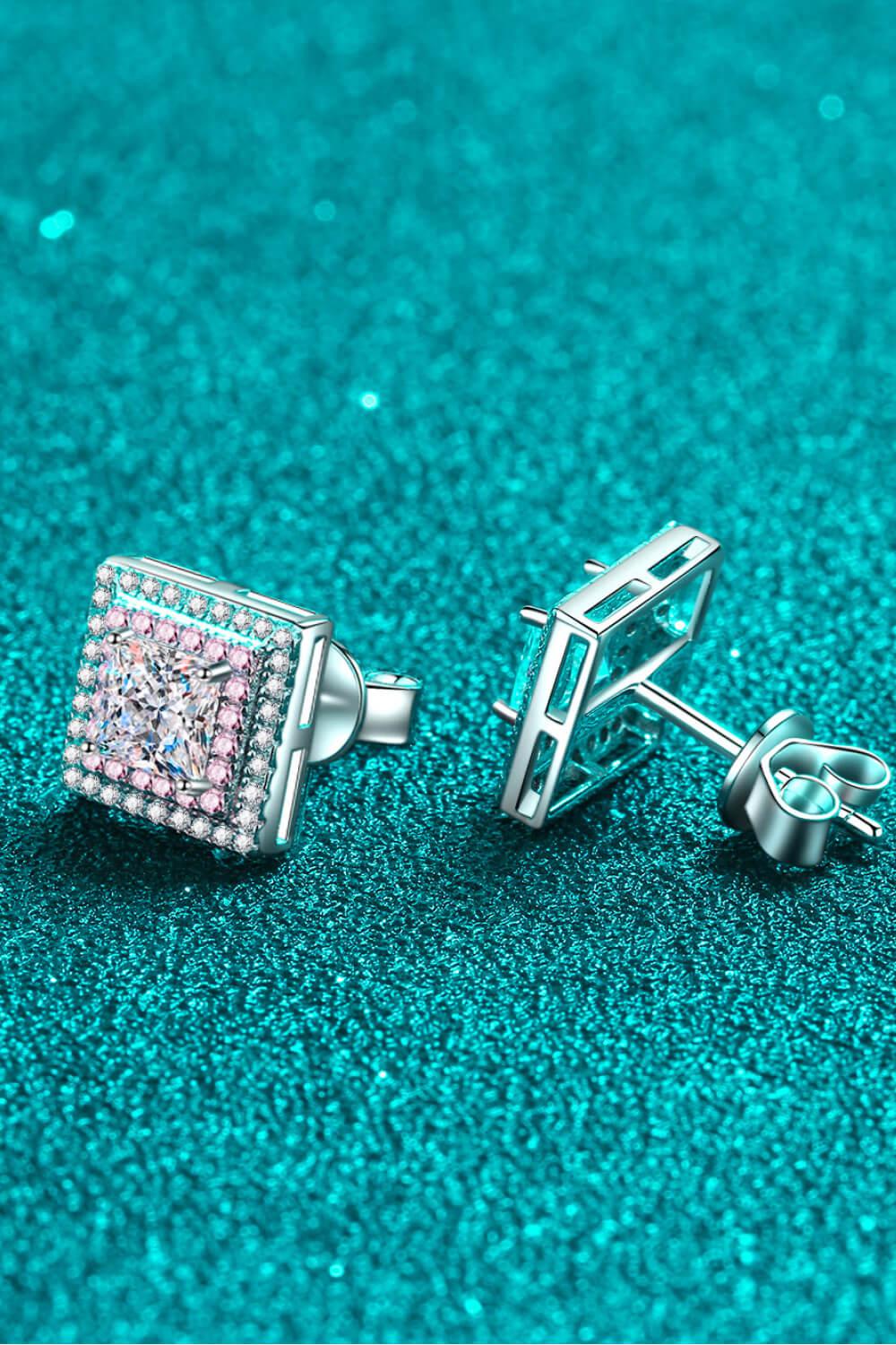 Geometric Pink Moissanite Square Stud Earrings - Pink/White- Claude Jewelry Moissanite - Shop claudejewelry.com