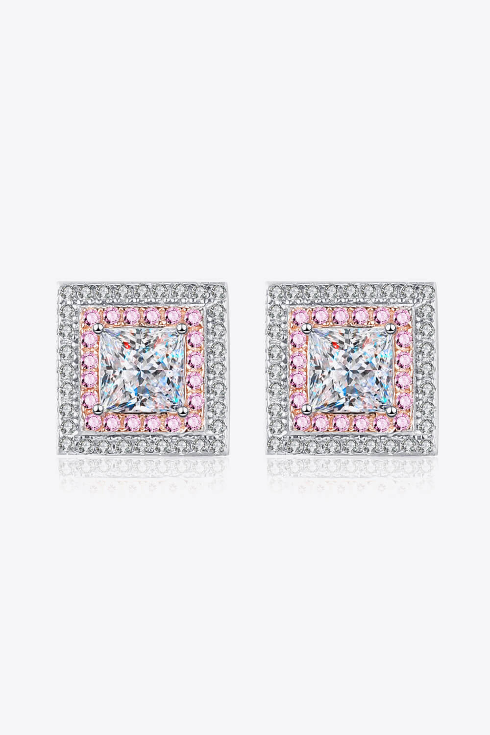 Geometric Pink Moissanite Square Stud Earrings - Pink/White- Claude Jewelry Moissanite - Shop claudejewelry.com