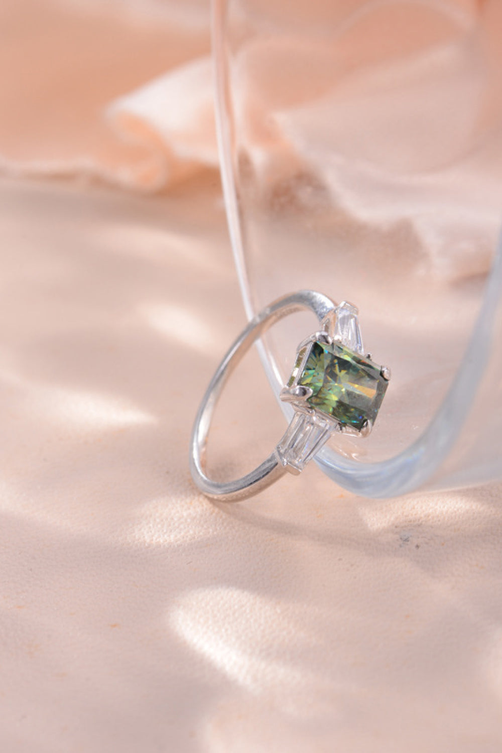 Green 2 Ct Rectangular Moissanite Platinum Vermeil Ring - - Claude Jewelry Moissanite - Shop claudejewelry.com