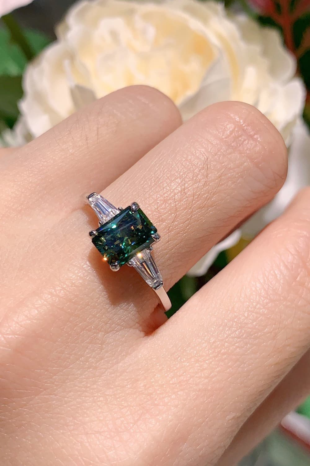 Green 2 Ct Rectangular Moissanite Platinum Vermeil Ring - - Claude Jewelry Moissanite - Shop claudejewelry.com