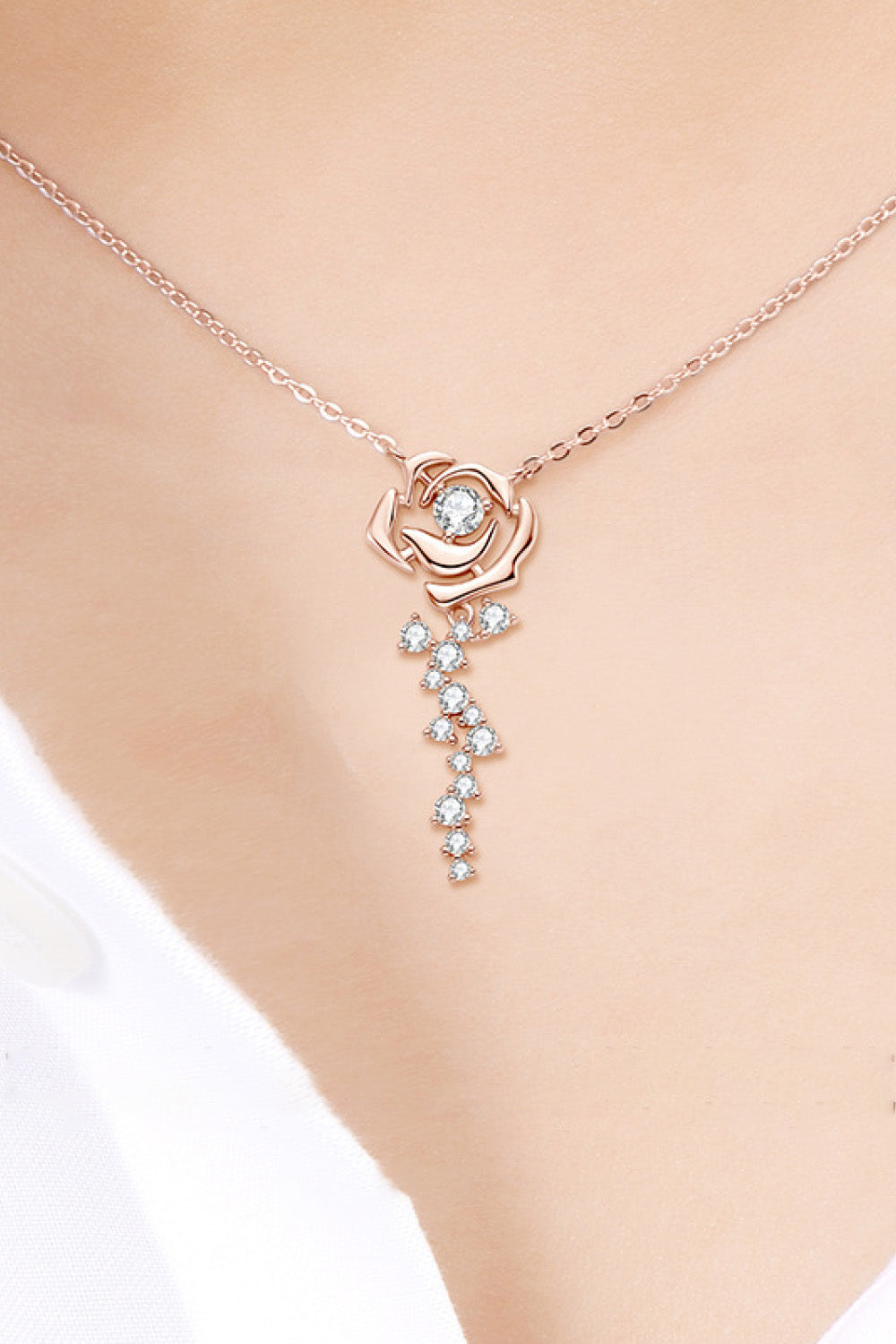 Moissanite 18k Rose Gold Vermeil Rose Drop Pendant Necklace - Rose- Claude Jewelry Moissanite - Shop claudejewelry.com