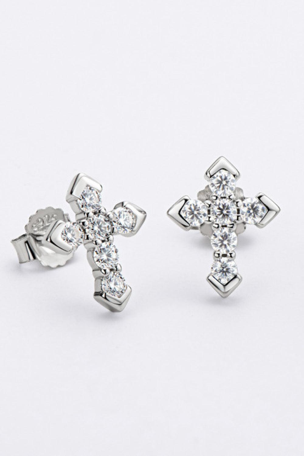 Moissanite 925 Sterling Silver Cross Stud Earrings - Platinum Vermeil- Claude Jewelry Moissanite - Shop claudejewelry.com