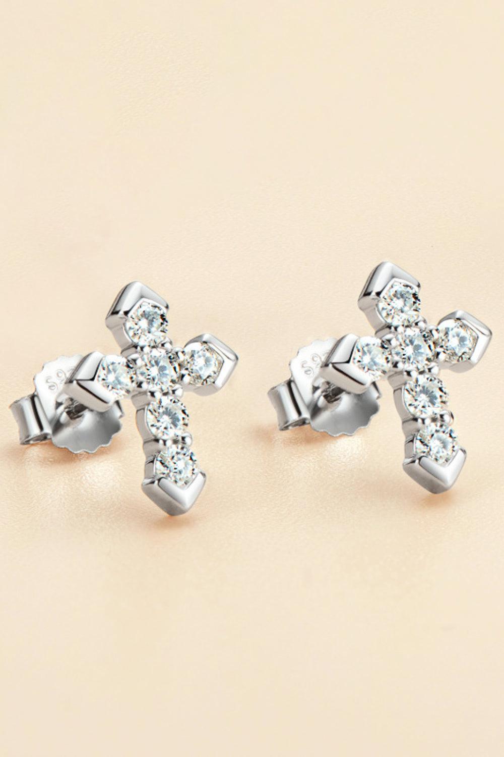 Moissanite 925 Sterling Silver Cross Stud Earrings - Platinum Vermeil- Claude Jewelry Moissanite - Shop claudejewelry.com