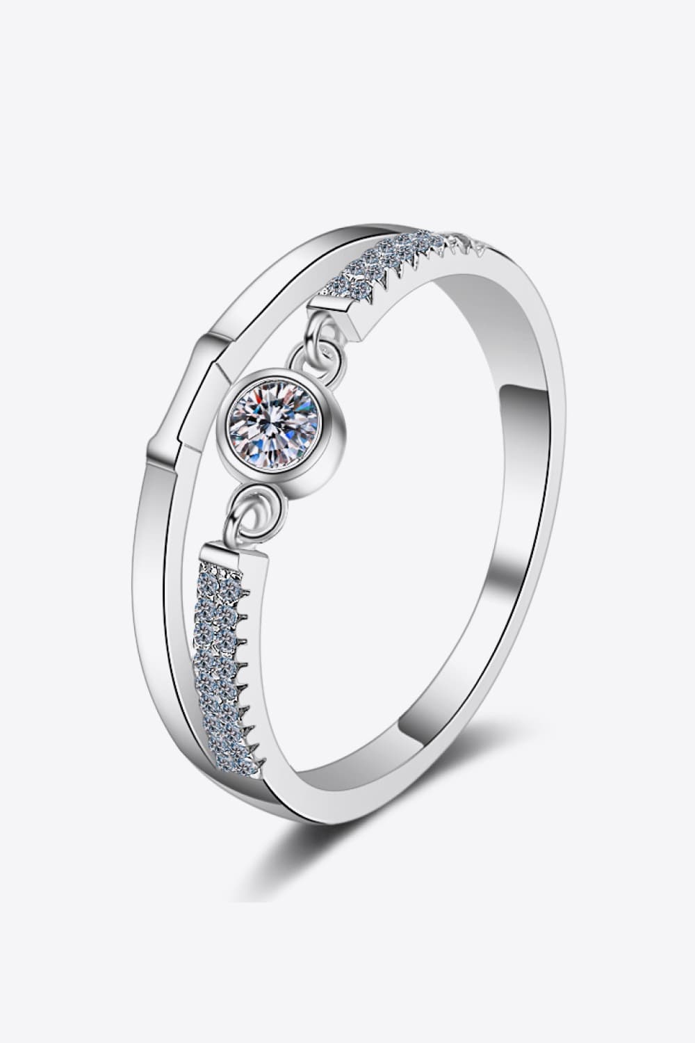 Moissanite Bezel Link Cutout Rhodium Vermeil Ring - Rhodium Vermeil-5- Claude Jewelry Moissanite - Shop claudejewelry.com